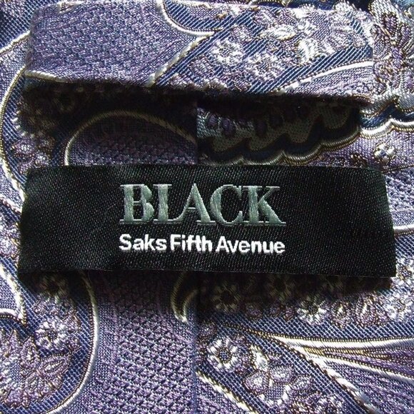 Black Saks Fifth Avenue tie necktie purple silver white silk and viscose paisley - Picture 6 of 10